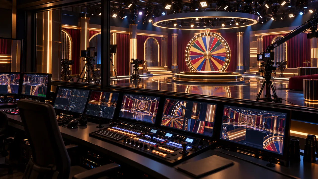 Kontrollrum och kameror framför en upplyst gameshow-studio med lyckohjul